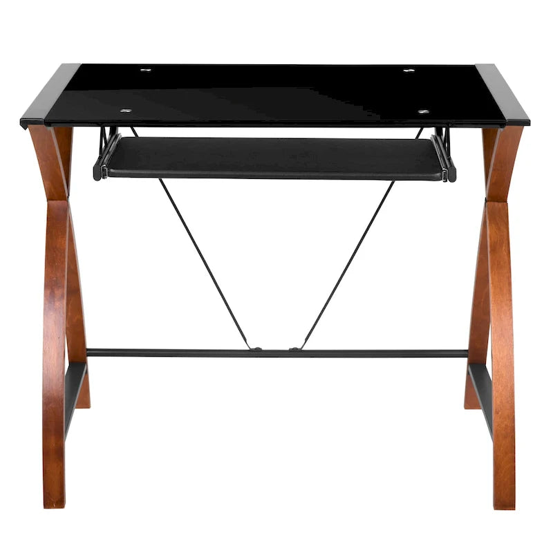 Bureau informatique d'angle en verre en forme de L avec tablette à clavier coulissante
