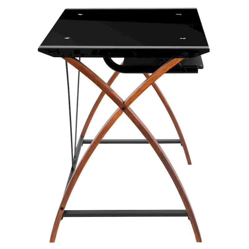 Bureau informatique d'angle en verre en forme de L avec tablette à clavier coulissante