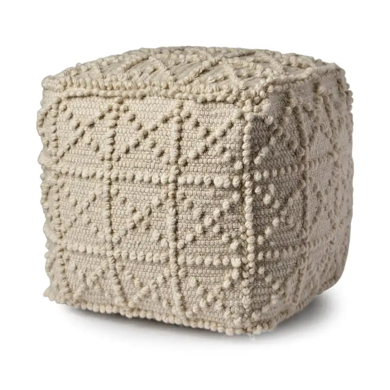 Pouf carré en laine crème Leroy avec détails popcorn