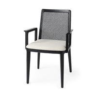 Chaise de salle à manger Clara à assise en tissu crème, dossier cannage et structure en bois massif brun clair