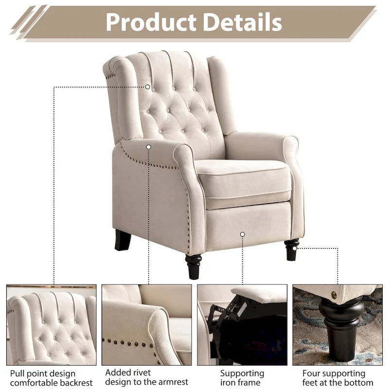 Fauteuil Inclinable à Dossier Poussé avec Dossier Capitonné et Pieds en Bois