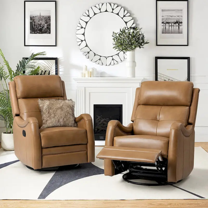 Lot de 2 Fauteuils Inclinables Pivotants à Bascule FrancoModern en Cuir Véritable avec Clous Décoratifs par HULALA HOME