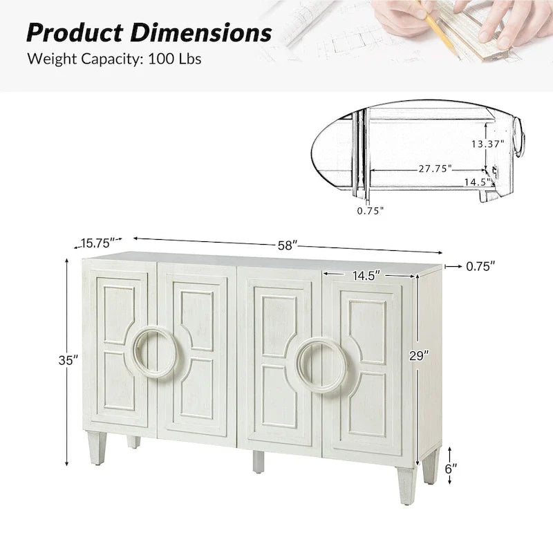 Buffet contemporain Connie de 58 po avec poignées de porte rondes en bois massif par HULALA HOME
