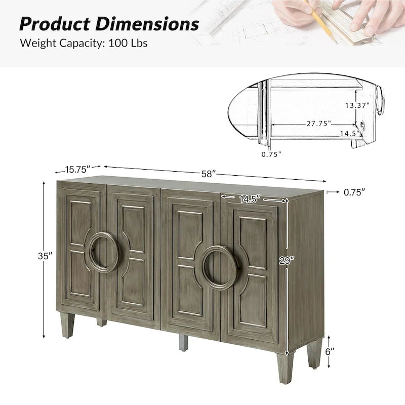 Buffet contemporain Connie de 58 po avec poignées de porte rondes en bois massif par HULALA HOME