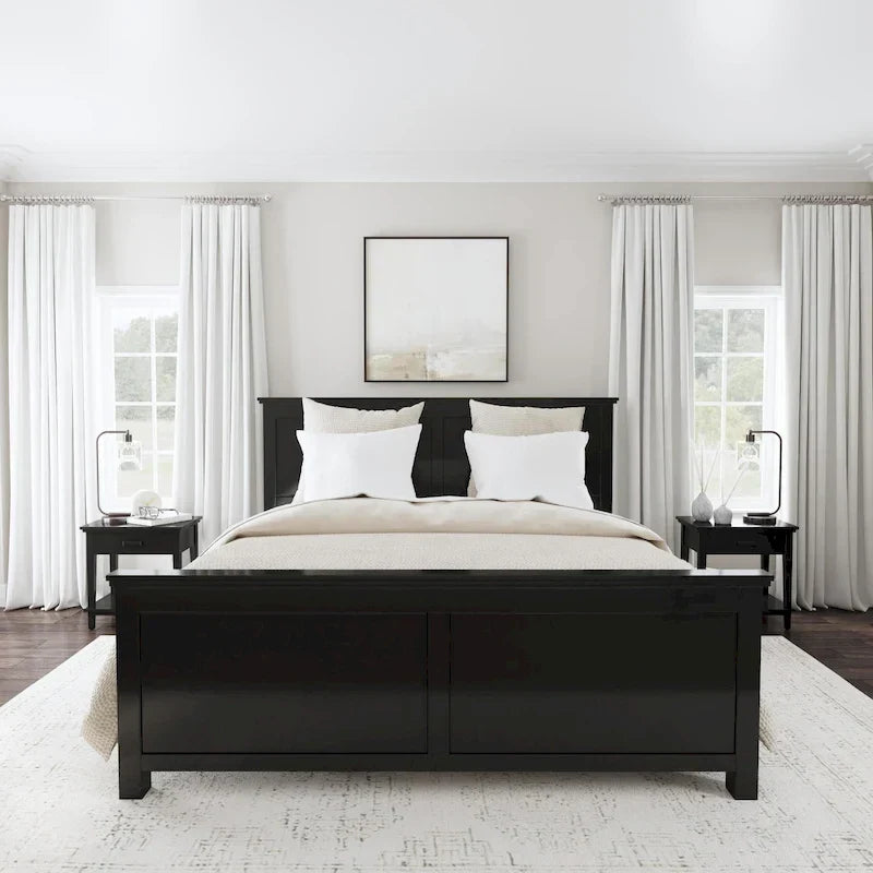 Lit King Oak Park en bois noir et deux tables de nuit