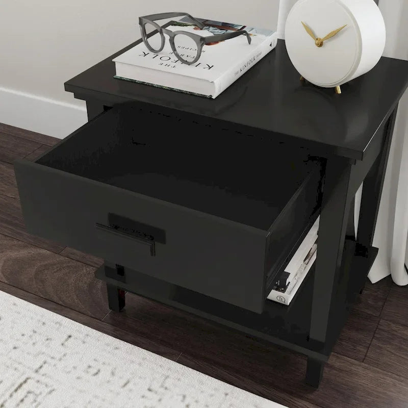 Lit King Oak Park en bois noir et deux tables de nuit