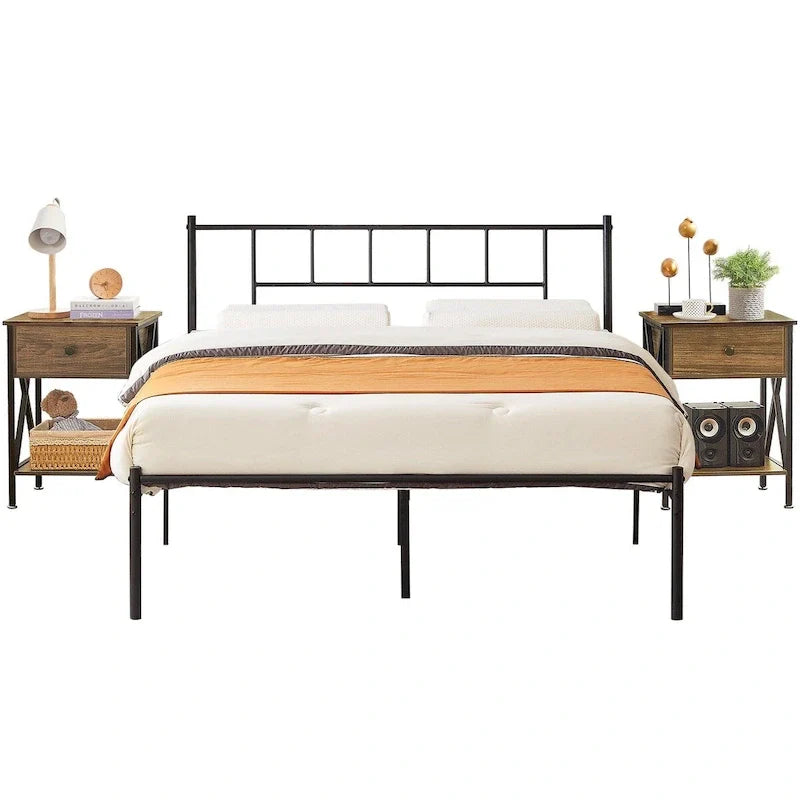 Ensemble cadre de lit 3 pièces VECELO avec tête de lit en bois et tables de chevet modernes, lot de 2