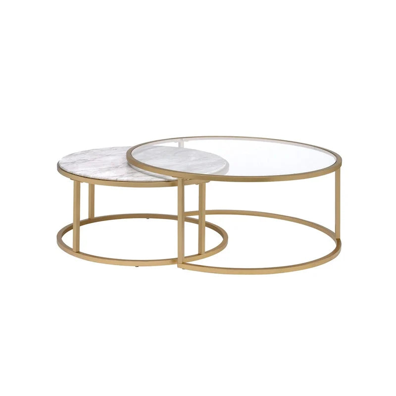 Tables basses gigognes à cadre métallique avec plateaux en verre et marbre, lot de deux, doré - 15,75 H x 36 L x 36 P pouces