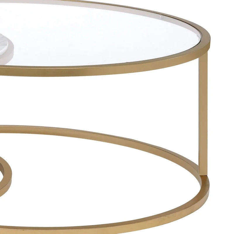 Tables basses gigognes à cadre métallique avec plateaux en verre et marbre, lot de deux, doré - 15,75 H x 36 L x 36 L pouces