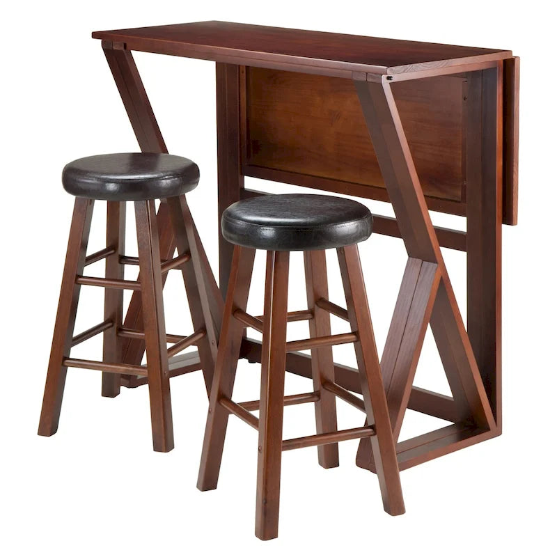 Table haute à abattant 3 pièces avec tabourets de comptoir à assise coussinée, noyer et espresso