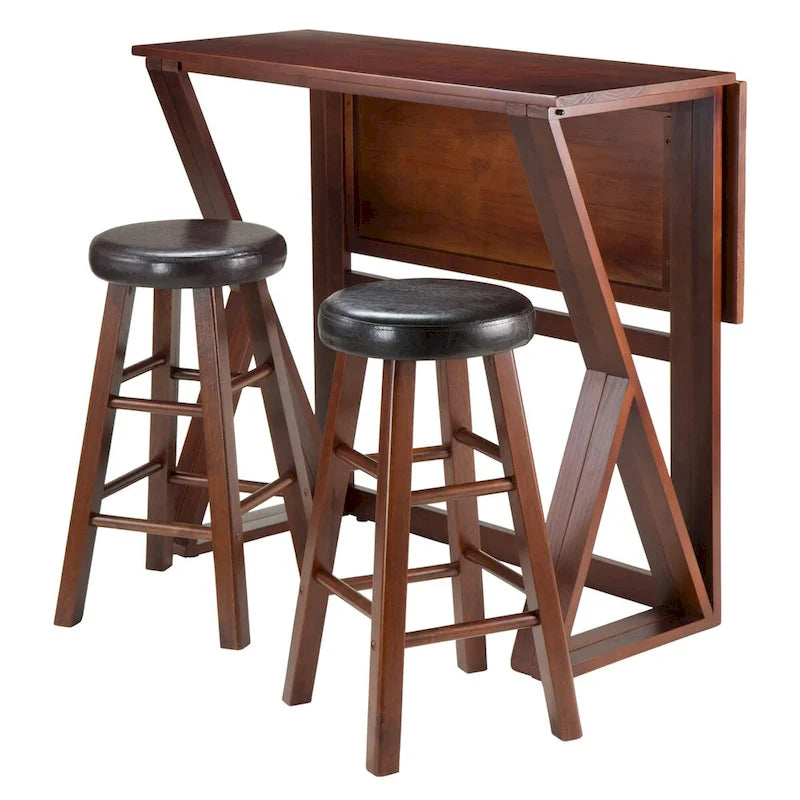 Table haute à abattant 3 pièces avec tabourets de comptoir à assise coussinée, noyer et espresso