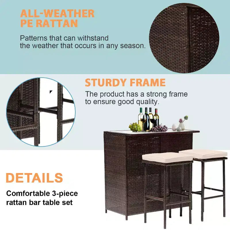 FDW Ensemble bar 3 pièces mobilier de patio, structure robuste, table hauteur bar avec deux tabourets, plateau en verre et étagères de rangement, parfait pour balcon bord de piscine