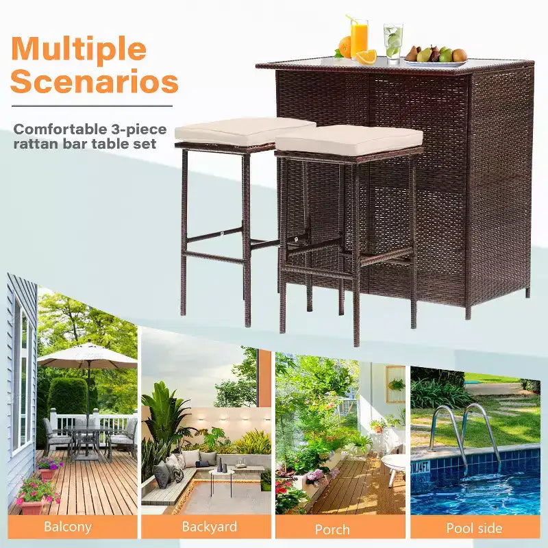 FDW Ensemble bar 3 pièces mobilier de patio, structure robuste, table hauteur bar avec deux tabourets, plateau en verre et étagères de rangement, parfait pour balcon bord de piscine