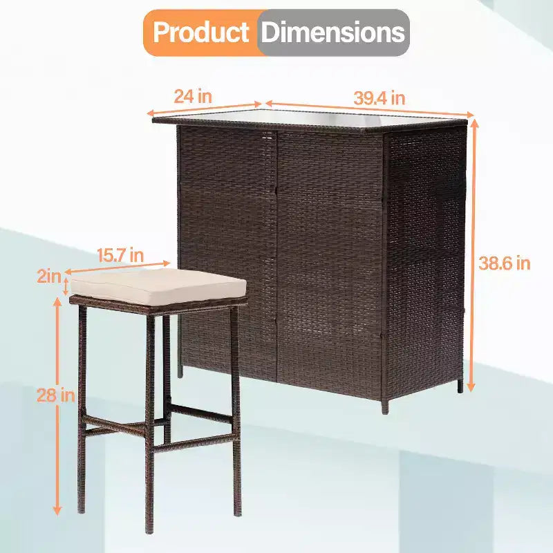 FDW Ensemble bar 3 pièces mobilier de patio, structure robuste, table hauteur bar avec deux tabourets, plateau en verre et étagères de rangement, parfait pour balcon bord de piscine