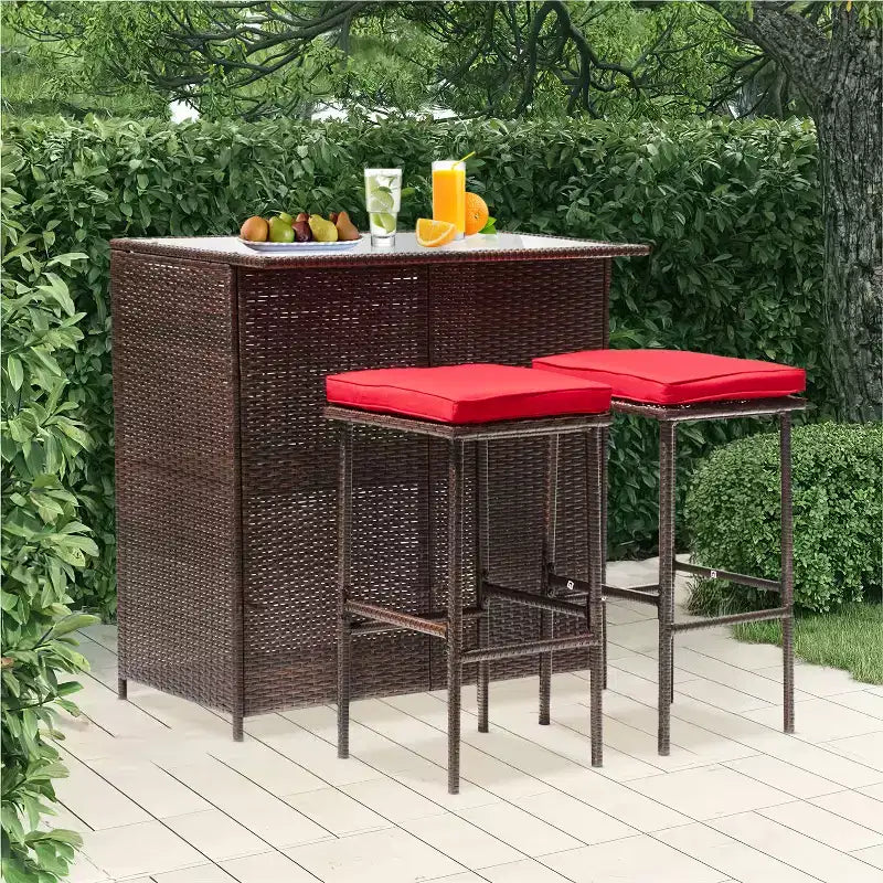 FDW Ensemble bar 3 pièces mobilier de patio, structure robuste, table hauteur bar avec deux tabourets, plateau en verre et étagères de rangement, parfait pour balcon bord de piscine