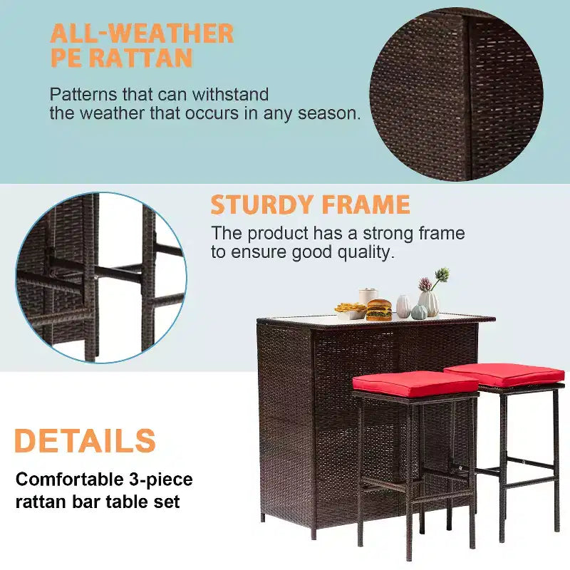 FDW Ensemble de bar 3 pièces Meubles de patio Cadre robuste Table haute de bar avec deux tabourets Plateau en verre et étagères de rangement Parfait pour balcon et piscine