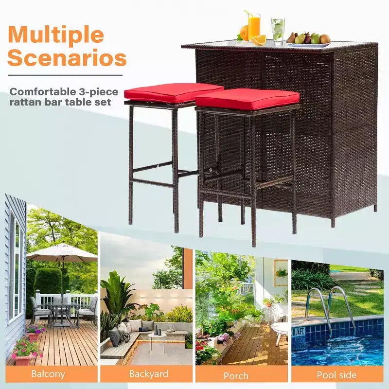 FDW Ensemble de bar 3 pièces Meubles de patio Cadre robuste Table haute de bar avec deux tabourets Plateau en verre et étagères de rangement Parfait pour balcon et piscine