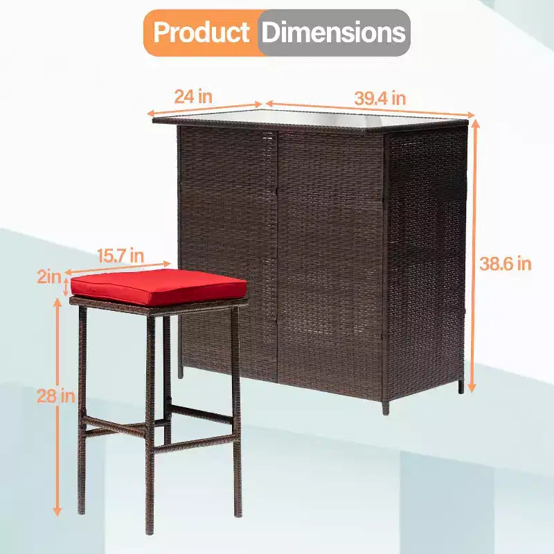 FDW Ensemble bar 3 pièces mobilier de patio, structure robuste, table hauteur bar avec deux tabourets, plateau en verre et étagères de rangement, parfait pour balcon bord de piscine