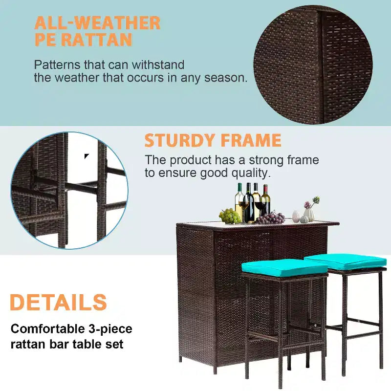 FDW Ensemble bar 3 pièces mobilier de patio, structure robuste, table hauteur bar avec deux tabourets, plateau en verre et étagères de rangement, parfait pour balcon bord de piscine