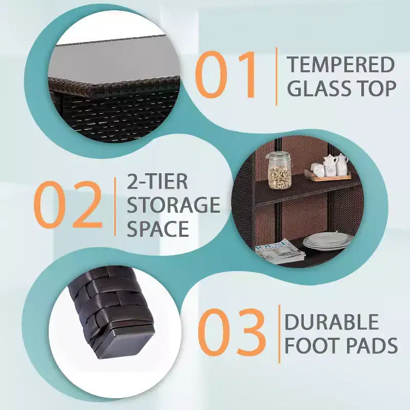 FDW Ensemble bar 3 pièces mobilier de patio, structure robuste, table hauteur bar avec deux tabourets, plateau en verre et étagères de rangement, parfait pour balcon bord de piscine