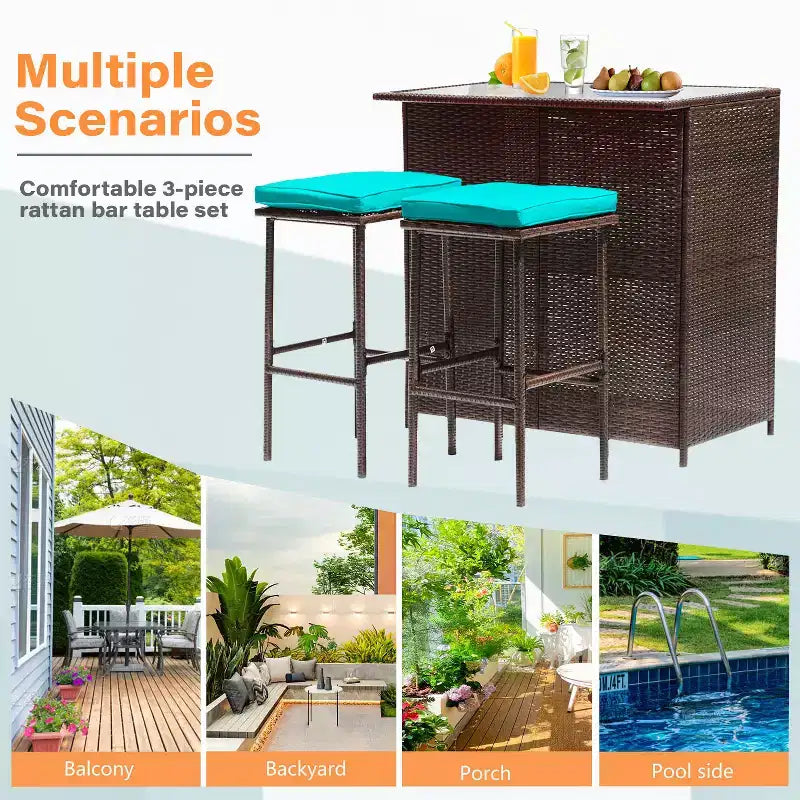 FDW Ensemble de bar 3 pièces Meubles de patio Cadre robuste Table haute de bar avec deux tabourets Plateau en verre et étagères de rangement Parfait pour balcon et piscine