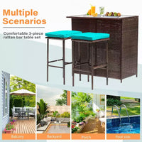FDW Ensemble de bar 3 pièces Meubles de patio Cadre robuste Table haute de bar avec deux tabourets Plateau en verre et étagères de rangement Parfait pour balcon et piscine