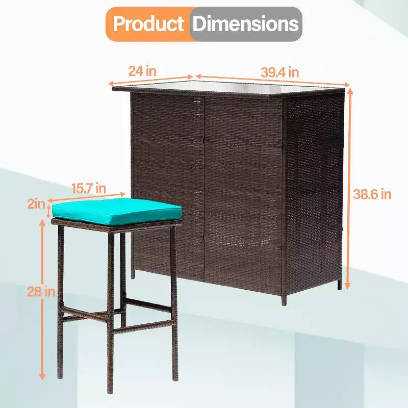 FDW Ensemble bar 3 pièces mobilier de patio, structure robuste, table hauteur bar avec deux tabourets, plateau en verre et étagères de rangement, parfait pour balcon bord de piscine