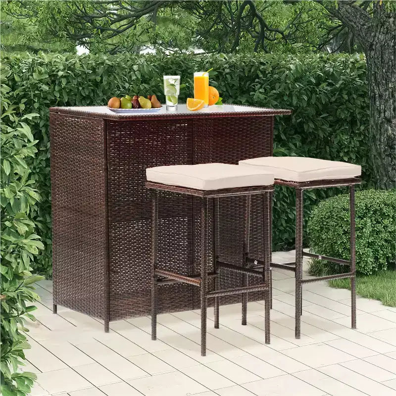 FDW Ensemble bar 3 pièces mobilier de patio, structure robuste, table hauteur bar avec deux tabourets, plateau en verre et étagères de rangement, parfait pour balcon bord de piscine
