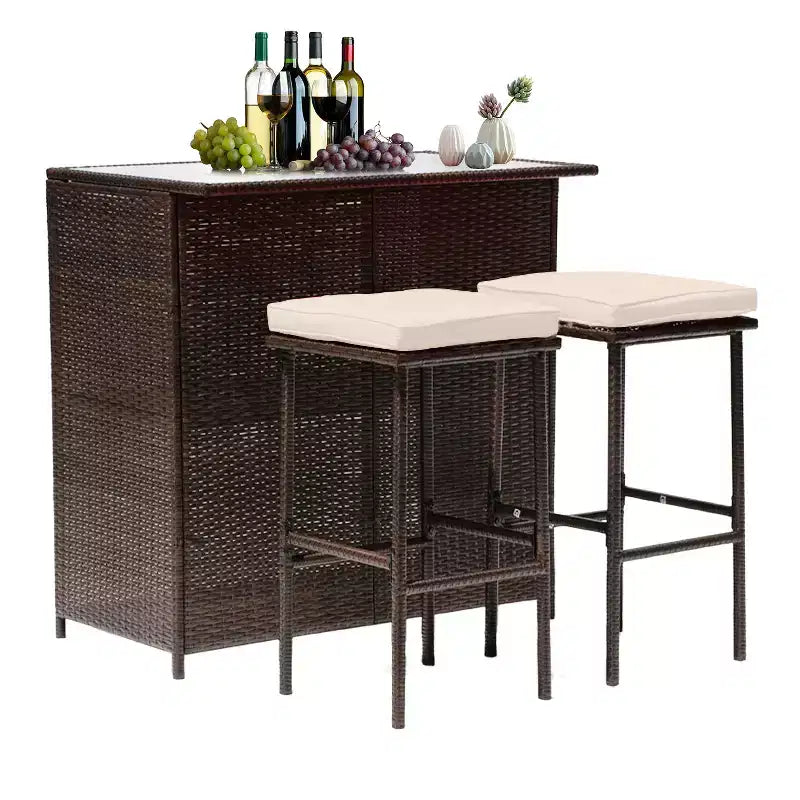 FDW Ensemble bar 3 pièces mobilier de patio, structure robuste, table hauteur bar avec deux tabourets, plateau en verre et étagères de rangement, parfait pour balcon bord de piscine