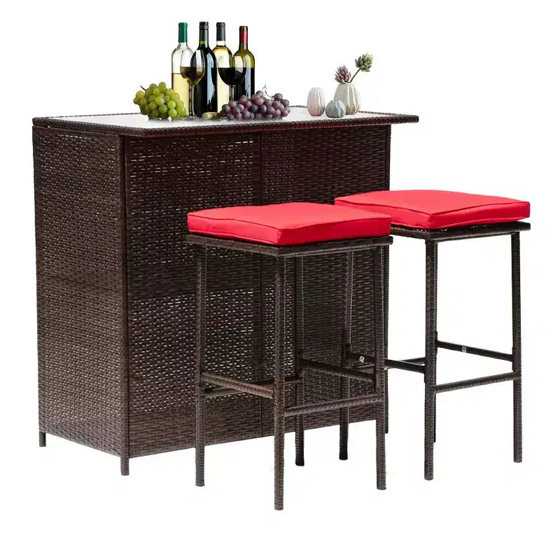 FDW Ensemble bar 3 pièces mobilier de patio, structure robuste, table hauteur bar avec deux tabourets, plateau en verre et étagères de rangement, parfait pour balcon bord de piscine