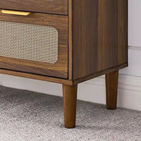 Commode Grondin style bohème mid-century, 3 tiroirs en rotin, structure en MDF et pieds en bois massif