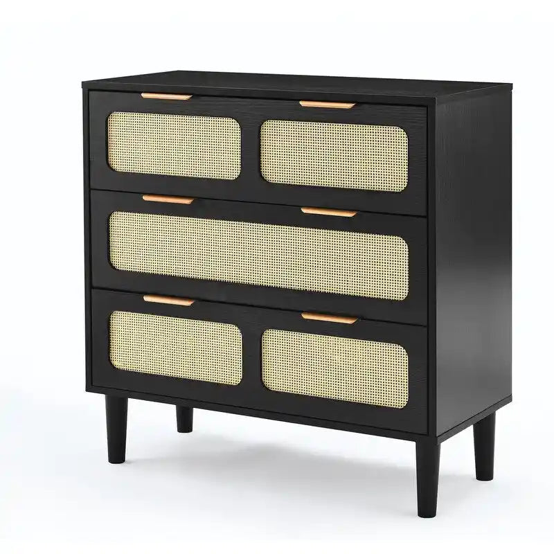 Commode Grondin style bohème mid-century, 3 tiroirs en rotin, structure en MDF et pieds en bois massif
