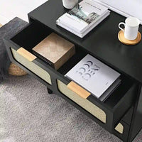 Commode Grondin style bohème mid-century, 3 tiroirs en rotin, structure en MDF et pieds en bois massif