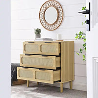 Commode Grondin style bohème mid-century, 3 tiroirs en rotin, structure en MDF et pieds en bois massif