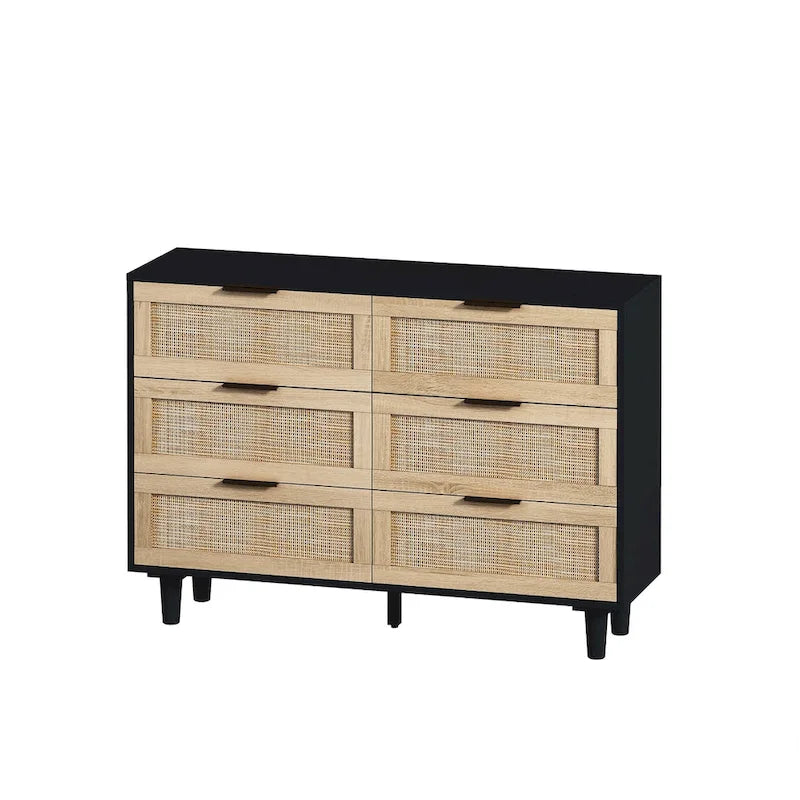 Armoire de rangement en rotin à 6 tiroirs 43,3 po, tiroirs en rotin, pour chambre ou salon, noir