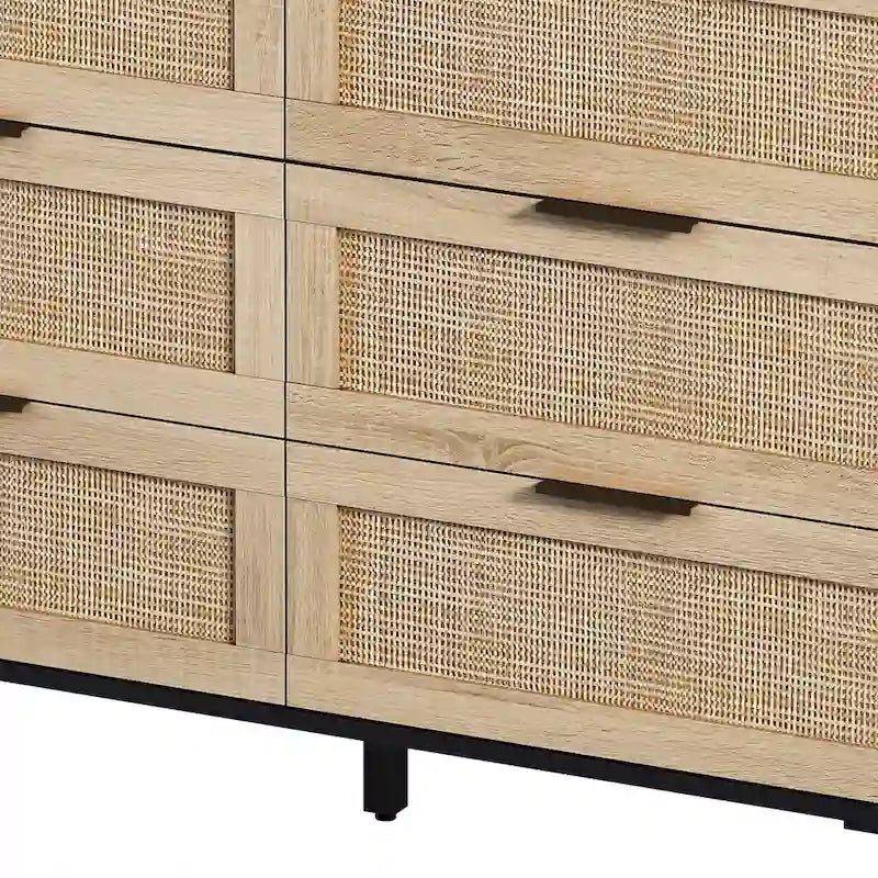 Armoire de rangement en rotin à 6 tiroirs 43,3 po, tiroirs en rotin, pour chambre ou salon, noir