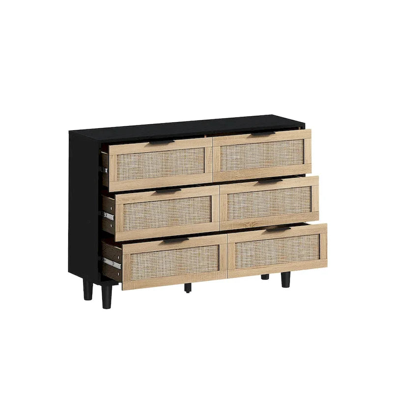 Armoire de rangement en rotin à 6 tiroirs 43,3 po, tiroirs en rotin, pour chambre ou salon, noir
