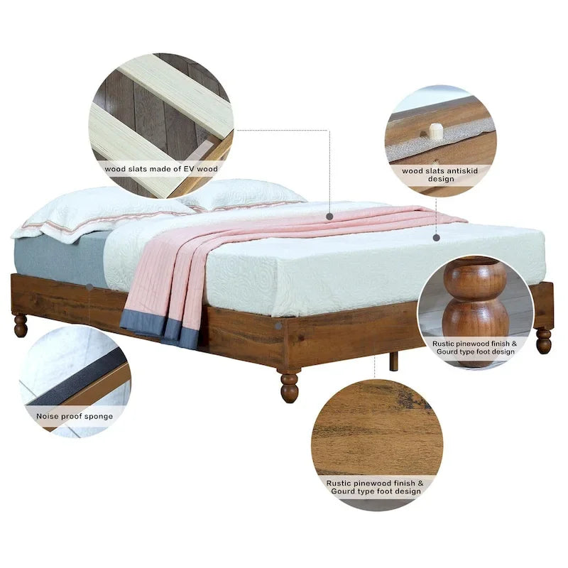 MUSEHOMEINC Cadre de lit 12 pouces en bois massif style rustique, élimine le besoin de sommier, finition naturelle