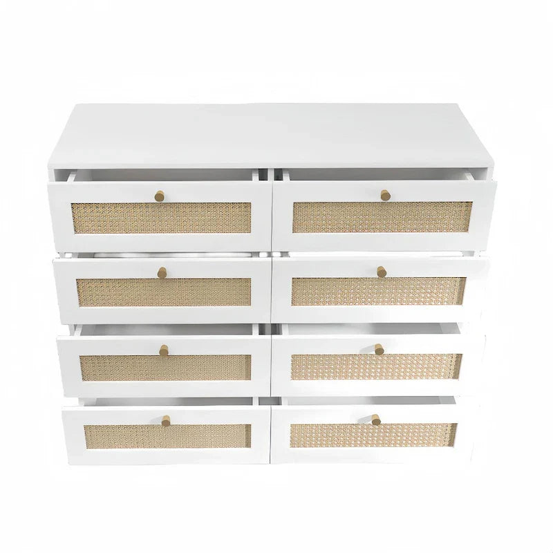 Commode blanche 8 tiroirs à façade en rotin, pieds et poignées dorés