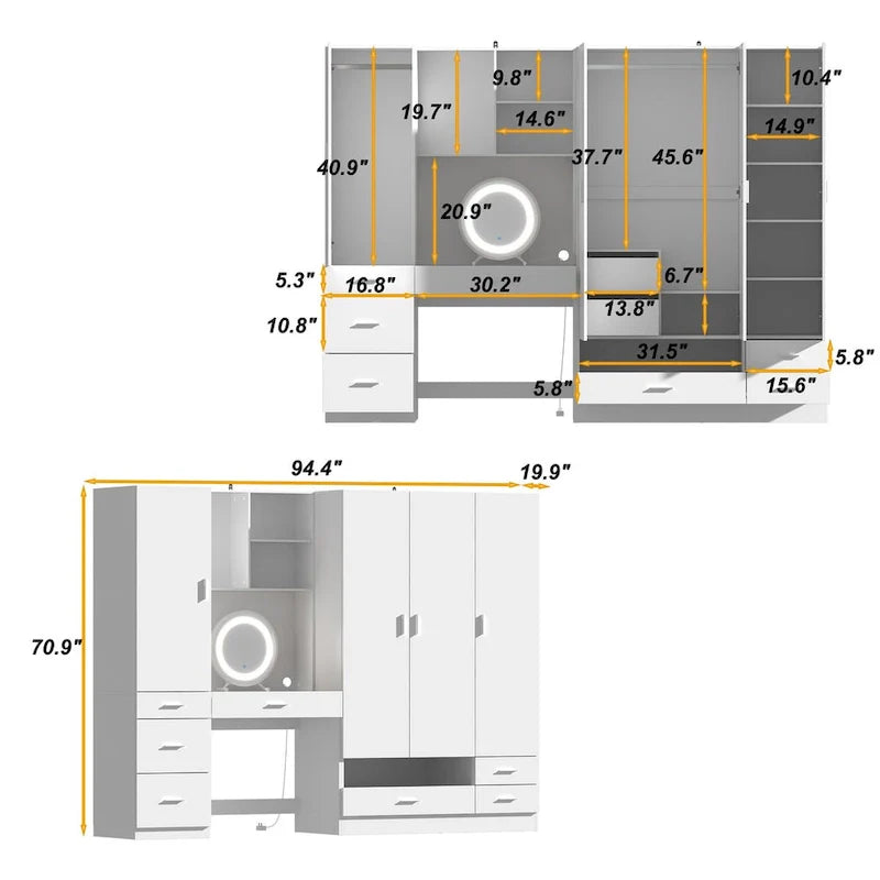Ensemble de meubles de rangement espace de travail et garde-robe avec coiffeuse de luxe