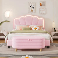Ensembles de chambre à coucher 2 pièces Grand lit plateforme LED tapissé en forme de fleur avec pouf de rangement - Tissu Sherpa
