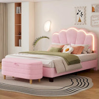 Ensembles de chambre à coucher 2 pièces Grand lit plateforme LED tapissé en forme de fleur avec pouf de rangement - Tissu Sherpa