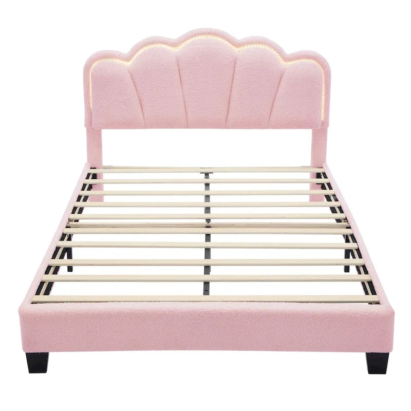 Ensembles de chambre à coucher 2 pièces Grand lit plateforme LED tapissé en forme de fleur avec pouf de rangement - Tissu Sherpa