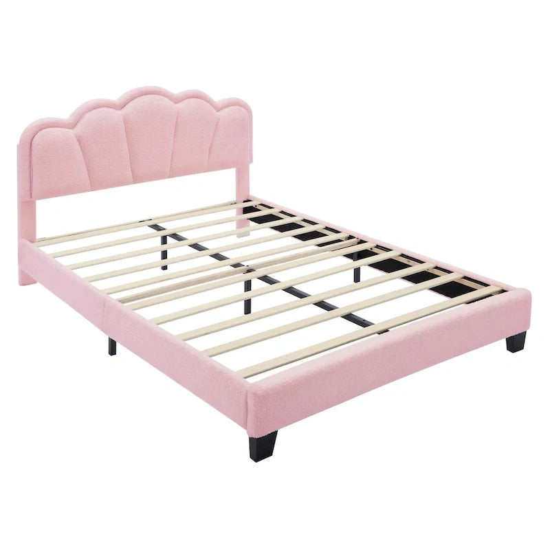 Ensembles de chambre à coucher 2 pièces Grand lit plateforme LED tapissé en forme de fleur avec pouf de rangement - Tissu Sherpa