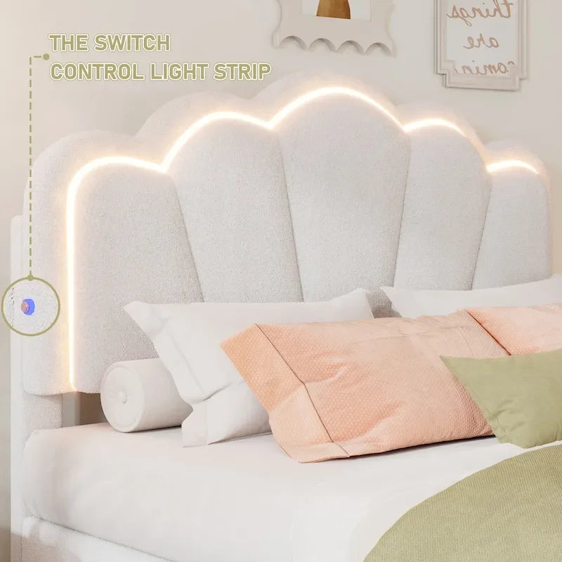 Ensembles de chambre à coucher 2 pièces Grand lit plateforme LED tapissé en forme de fleur avec pouf de rangement - Tissu Sherpa