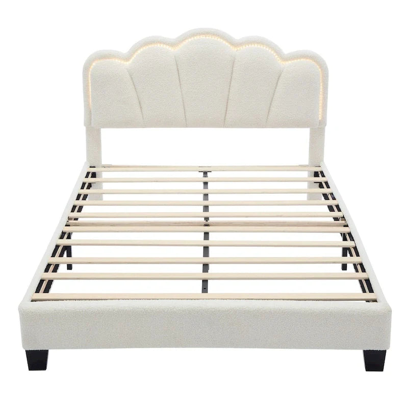 Ensembles de chambre à coucher 2 pièces Grand lit plateforme LED tapissé en forme de fleur avec pouf de rangement - Tissu Sherpa