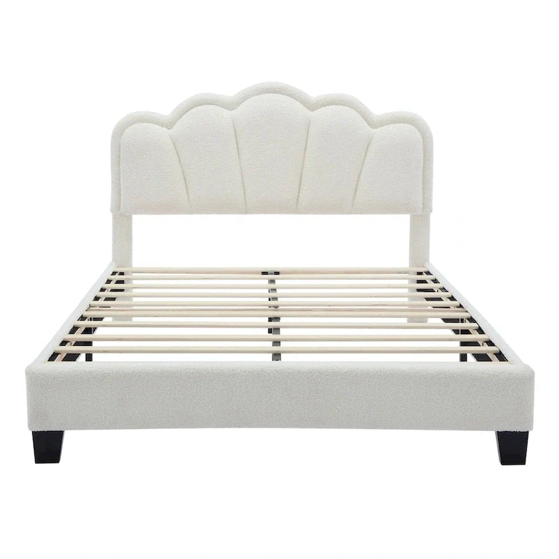 Ensembles de chambre à coucher 2 pièces Grand lit plateforme LED tapissé en forme de fleur avec pouf de rangement - Tissu Sherpa