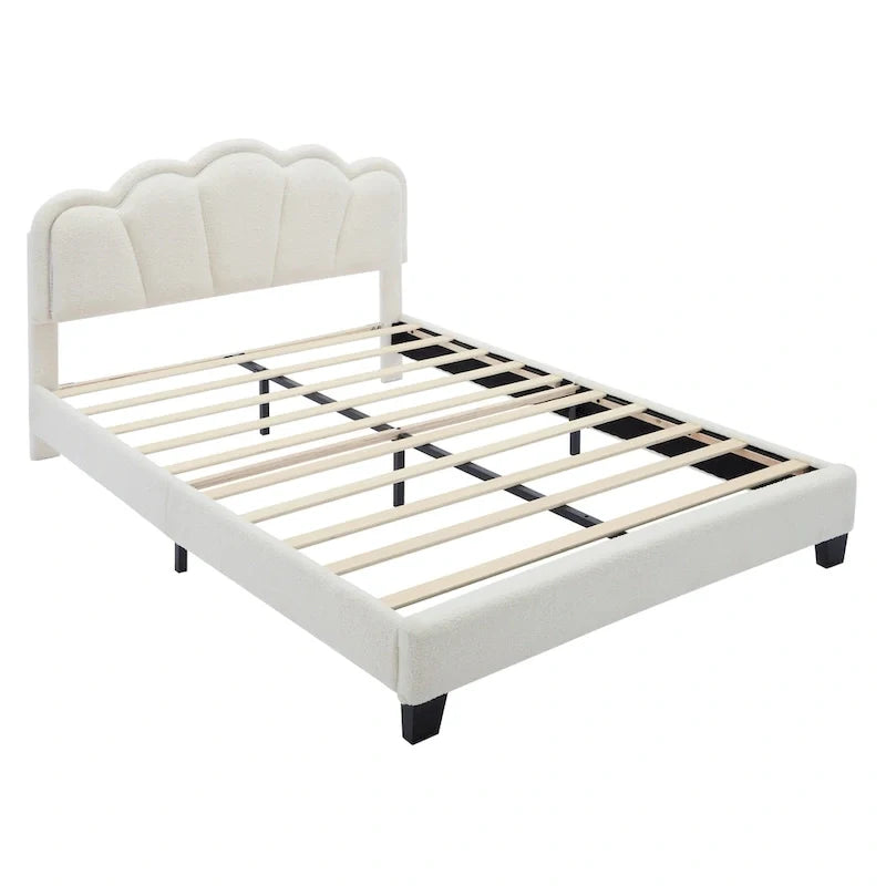 Ensembles de chambre à coucher 2 pièces Grand lit plateforme LED tapissé en forme de fleur avec pouf de rangement - Tissu Sherpa