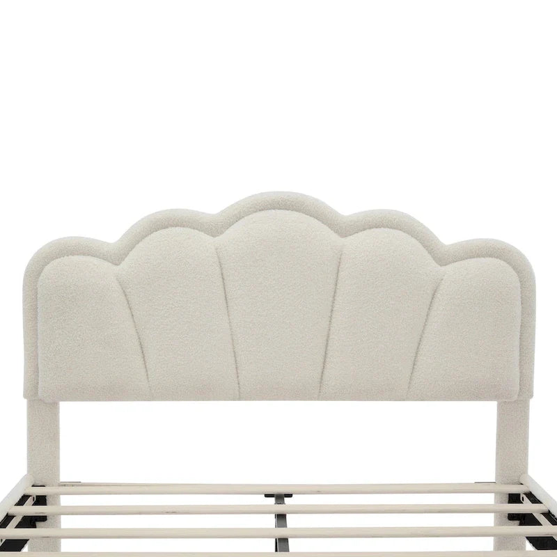 Ensembles de chambre à coucher 2 pièces Grand lit plateforme LED tapissé en forme de fleur avec pouf de rangement - Tissu Sherpa