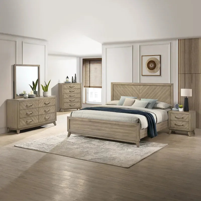 Roundhill Furniture Arena - Ensemble de chambre contemporain en bois : lit à panneau, commode, miroir, table de chevet, chiffonnier, gris antique
